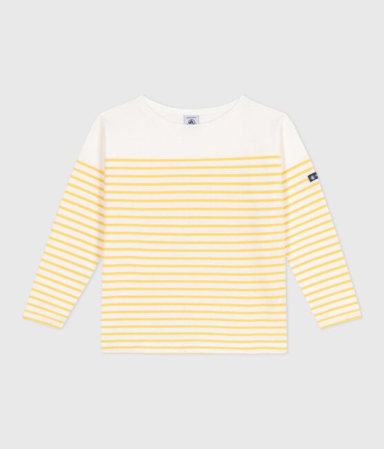 Katoenen T-shirt met lange mouwen en matrozenstreepjes voor kinderen wit MARSHMALLOW/ ORGE