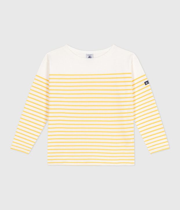 Tee-shirt marini&egrave;re enfant en coton manches longues blanc/jaune