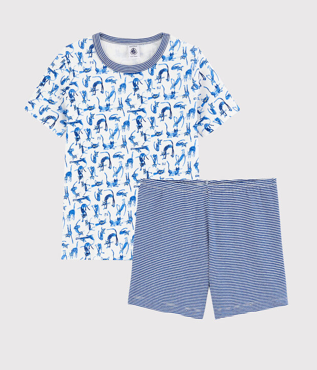 Katoenen pyjacourt met kattenprint voor jongetjes wit/multicouleur