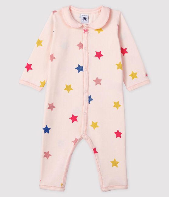 Dors-bien à étoiles sans pieds bébé fille en côte rose FLEUR/blanc MULTICO