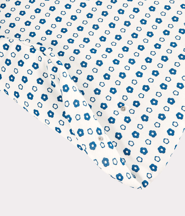 Trappelzak met blauw retrobloemmotief van biologisch katoen wit/blauw