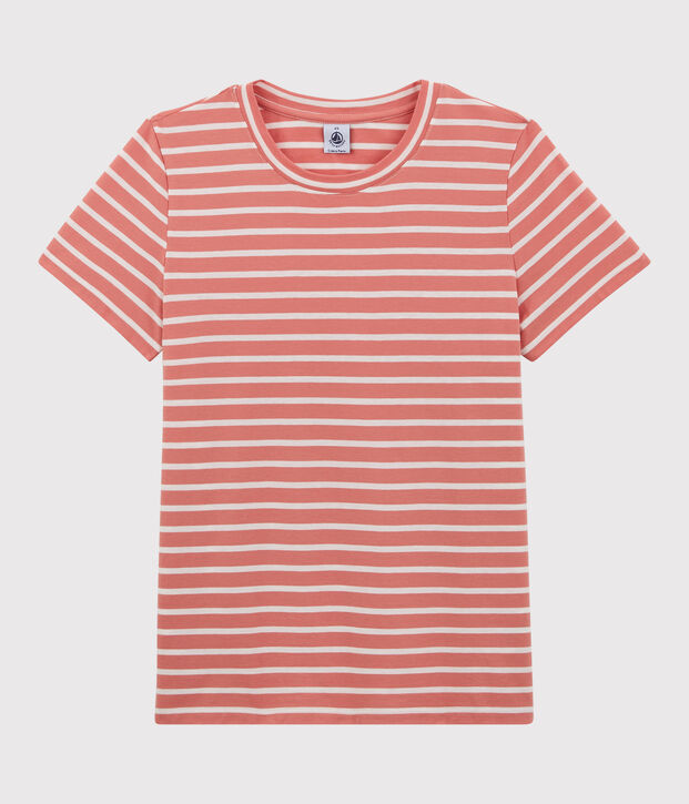 DE STRAIGHT-FIT, T-shirt voor dames met ronde hals in biokatoen roze/wit