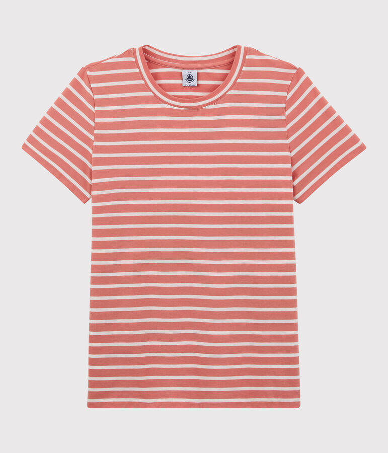 Tee-shirt LE DROIT col rond en coton bio Femme rose/blanc