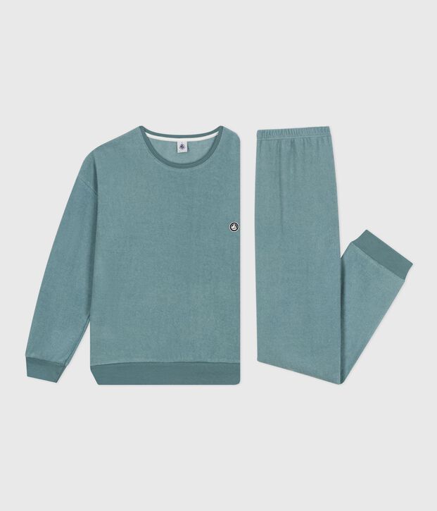 Pyjama femme en coton &eacute;ponge uni bleu