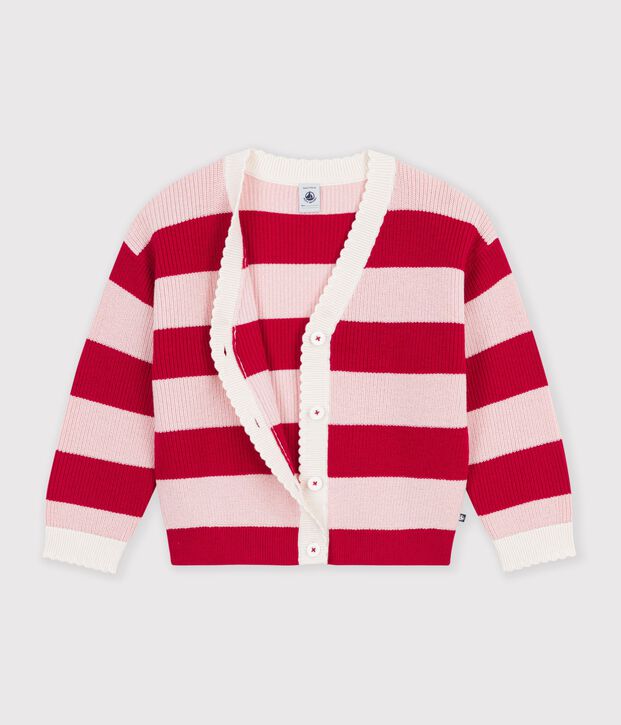 Cardigan enfant en laine et coton &agrave; rayures rose/rose