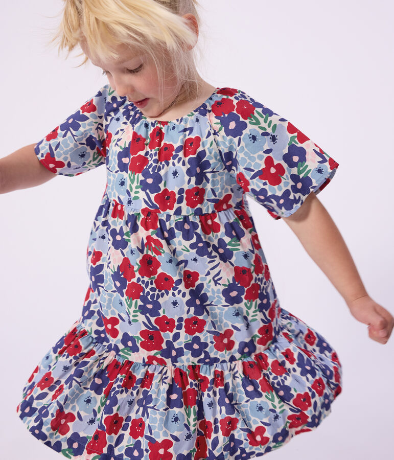 Katoenen kinderjurk met korte mouwen en bloemenprint wit/multicouleur