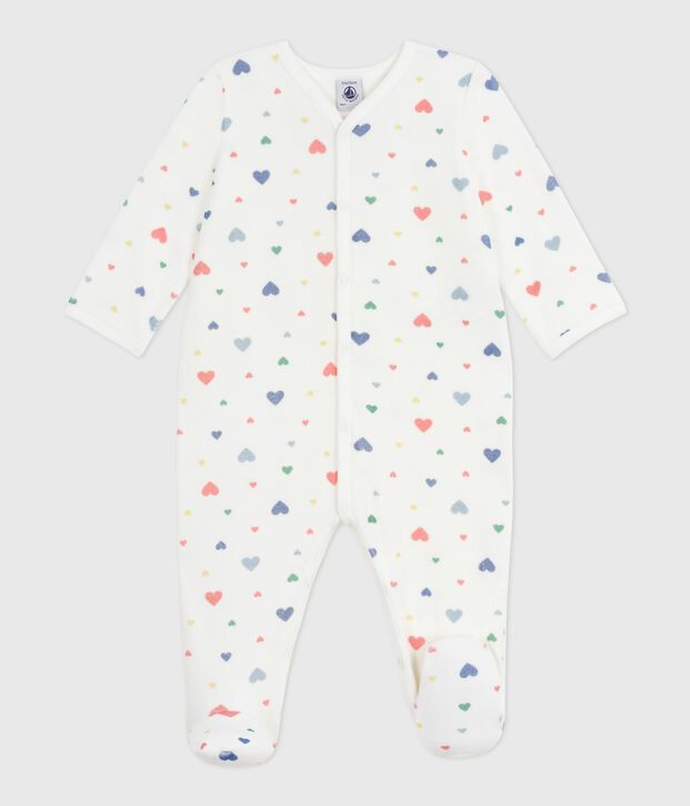 Fluwelen babypyjama met hartjesprint wit/multicouleur