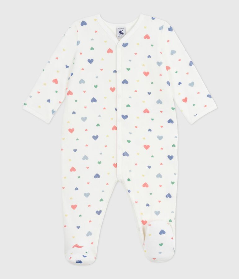 Fluwelen babypyjama met hartjesprint wit/multicouleur