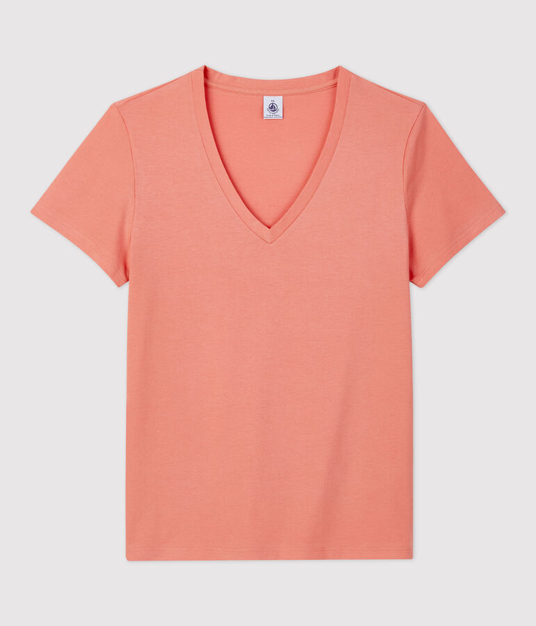DE STRAIGHT-FIT, T-shirt voor dames met V-hals in biokatoen roze PAPAYE