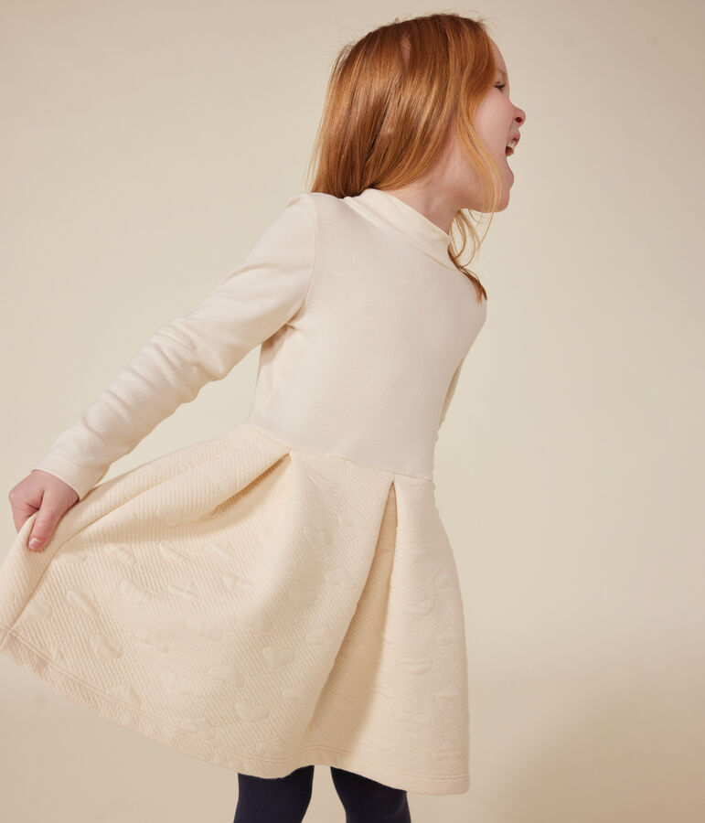 Meisjesjurk met lange mouwen in twee materialen ecru