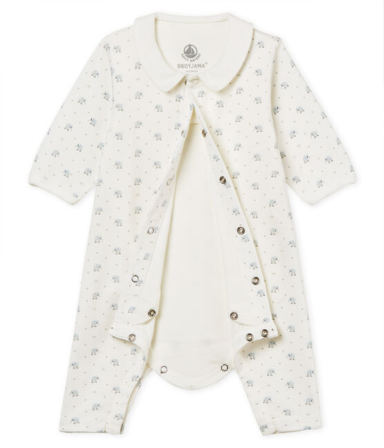 Bodyjama sans pieds bébé garçon en côte 1x1 imprimée blanc MARSHMALLOW/blanc MULTICO