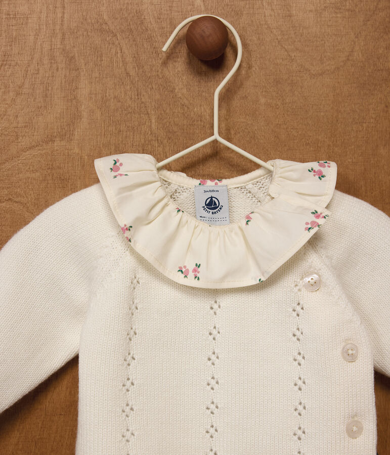 Ensemble 2 pi&egrave;ces b&eacute;b&eacute; en laine et coton et colerette fleurie blanc MARSHMALLOW