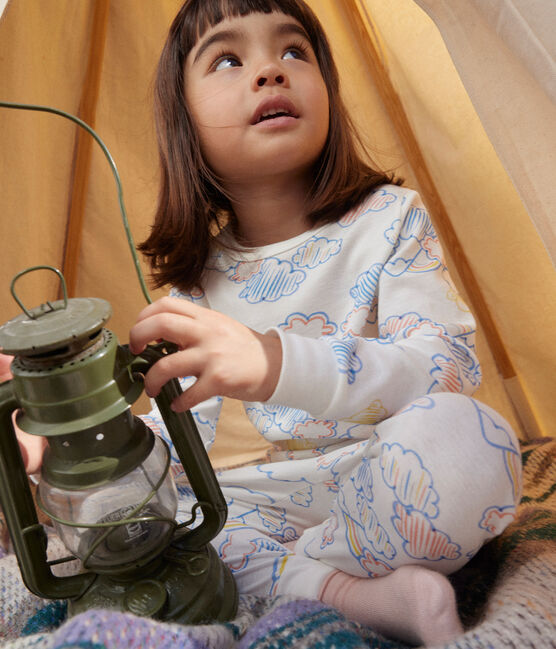 Katoenen pyjama met wolkjesmotief en regenboogprint voor kinderen wit MARSHMALLOW/wit MULTICO