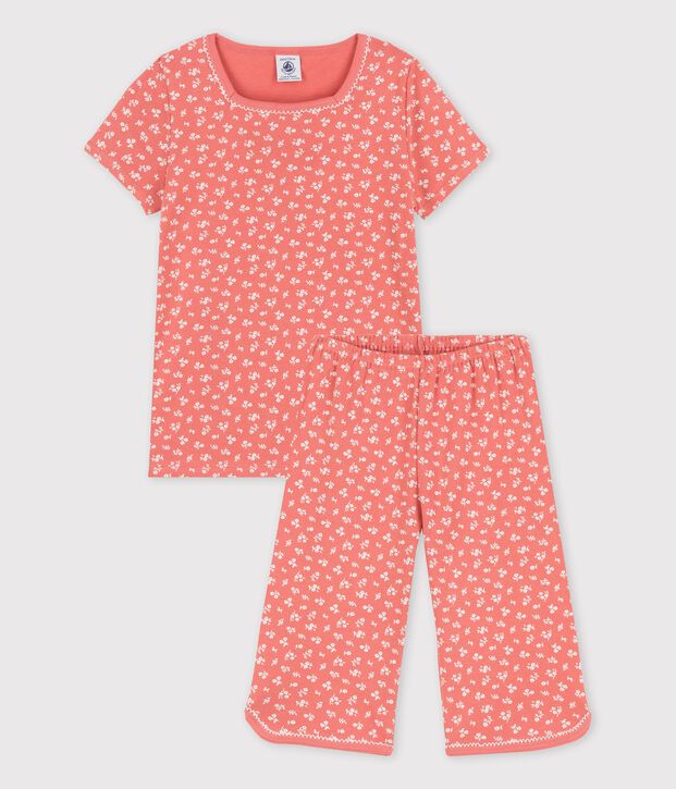 Meisjespyjama met korte mouwen en bloemenprint in biokatoen roze/wit