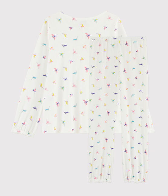 Pyjama imprimé oiseaux petite fille en côte blanc MARSHMALLOW/blanc MULTICO