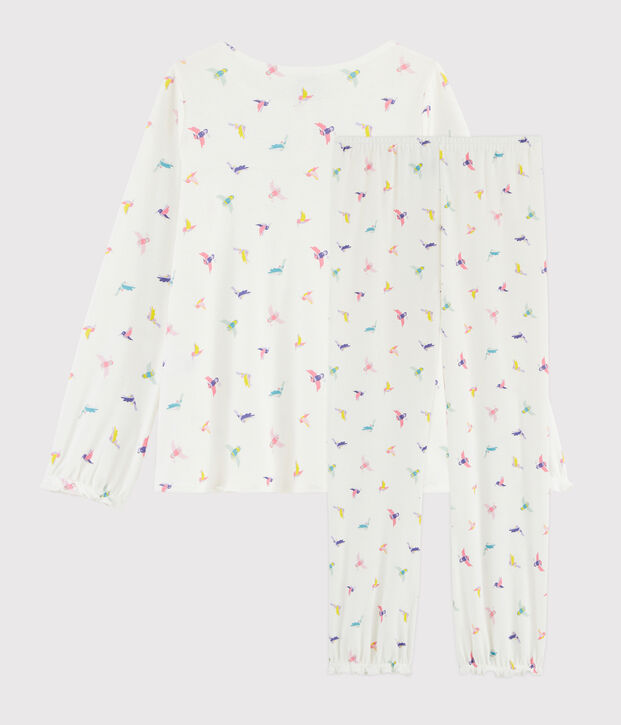 Meisjespyjama met vogelprint van ribtricot wit/multicouleur