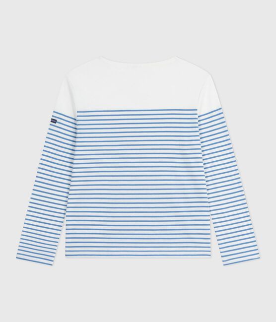 Katoenen T-shirt met lange mouwen en matrozenstreepjes voor dames wit MARSHMALLOW/blauw ALASKA