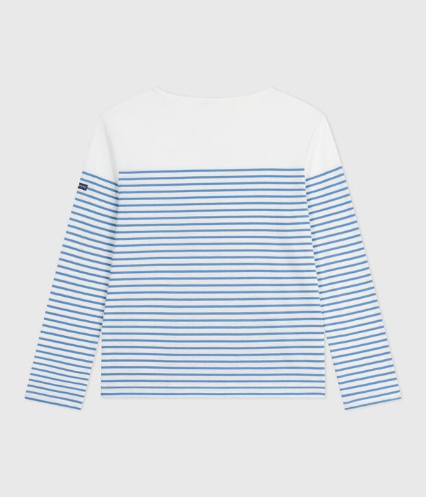 Tee-shirt marini&egrave;re femme en coton manches longues blanc/bleu