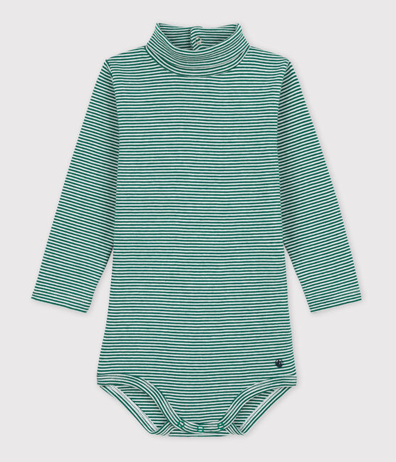 Body manches longues bébé rayé col roulé en coton EVERGREEN/ MARSHMALLOW