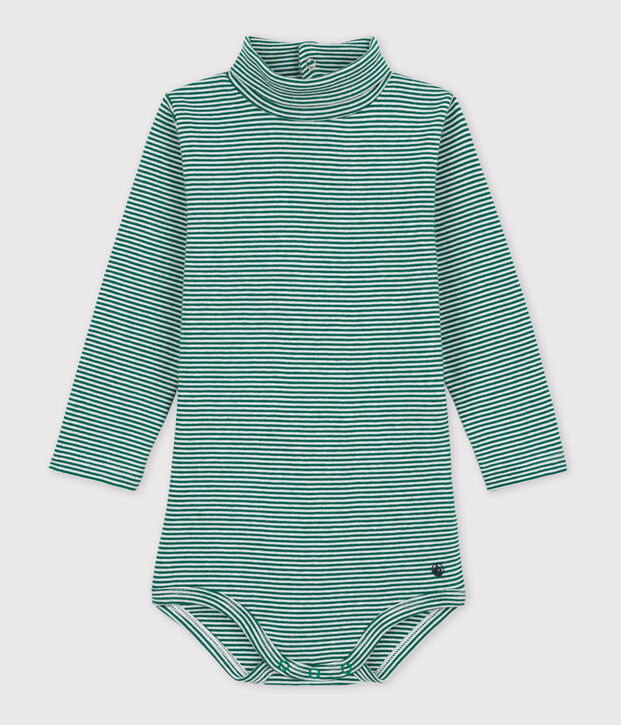 Body manches longues b&eacute;b&eacute; ray&eacute; col roul&eacute; en coton vert/blanc