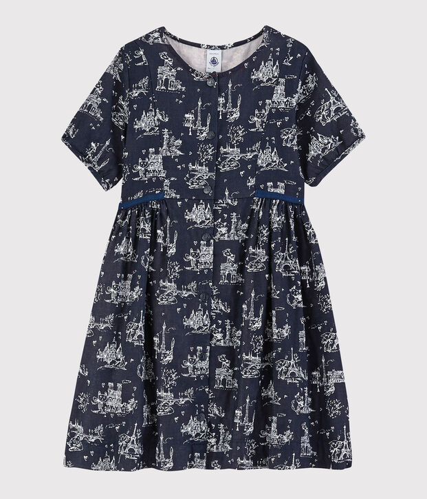 Robe manches courtes en tubique enfant fille bleu/blanc