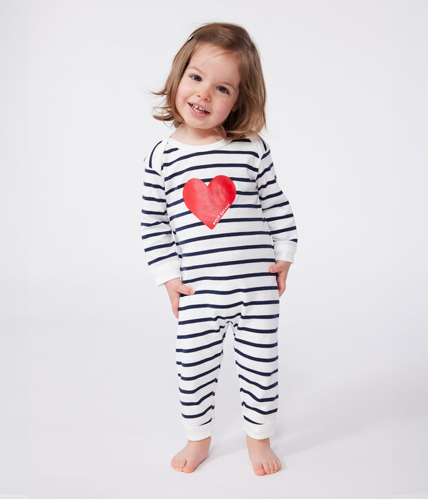 Katoenen babypyjama met hartje en zonder drukknoopjes wit/blauw