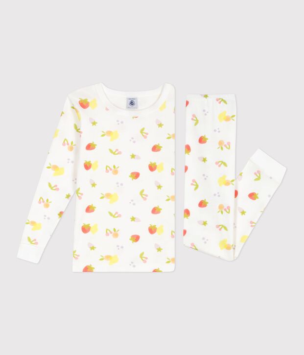 Nauw aansluitende katoenen kinderpyjama met vurchtenprint wit/multicouleur