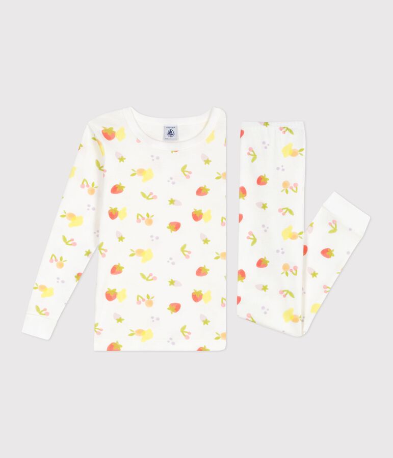 Pyjama tr&egrave;s ajust&eacute; enfant en coton imprim&eacute; fruits blanc MARSHMALLOW/blanc MULTICO