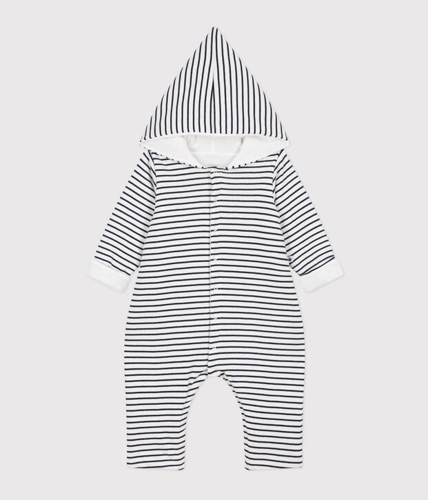 Combinaison longue ouatin&eacute;e &agrave; capuche en coton b&eacute;b&eacute; blanc/bleu