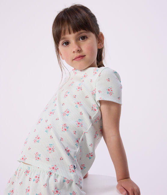 Pyjama short enfant en coton imprimé fleuri blanc MARSHMALLOW/blanc MULTICO