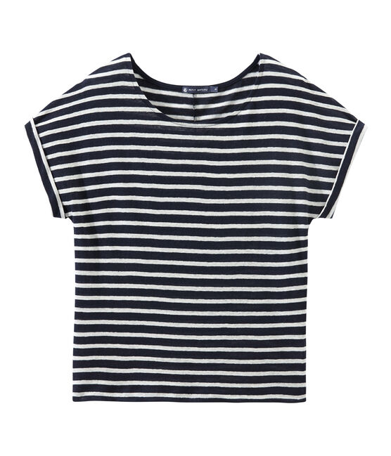 T-shirt femme en lin à rayures bleu SMOKING/blanc LAIT