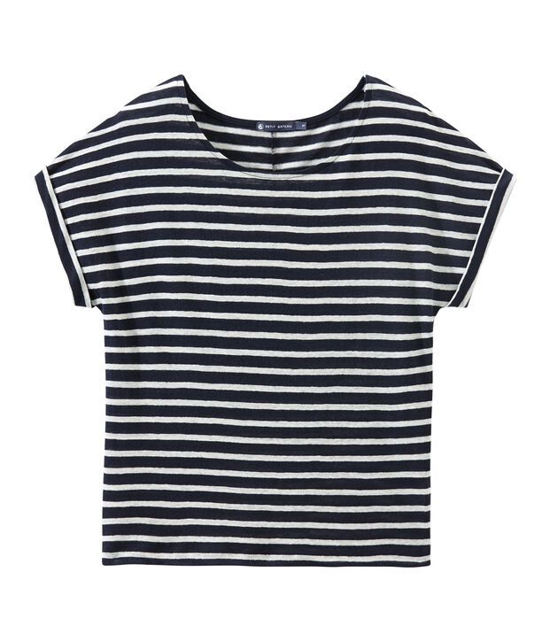 T-shirt femme en lin &agrave; rayures bleu/blanc