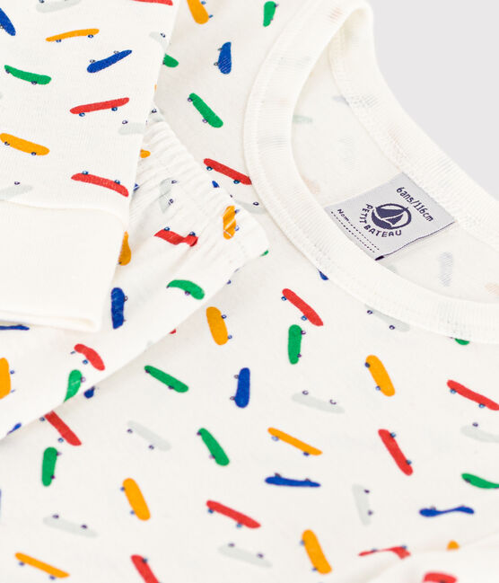 Aansluitende katoenen pyjama met skateboardprint voor kinderen wit MARSHMALLOW/wit MULTICO