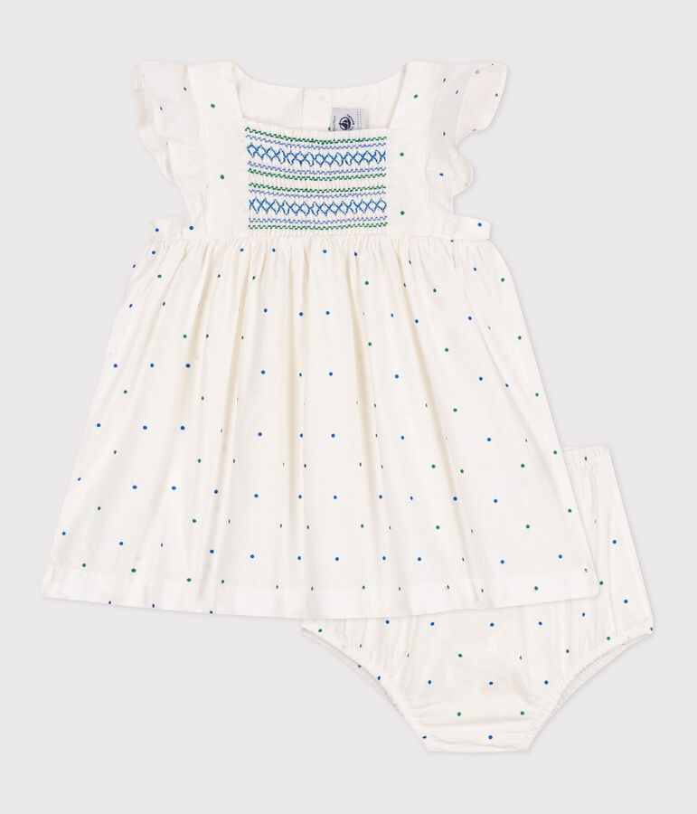 Witte katoenen babyjurk met bloomer in stippenprint wit/multicouleur