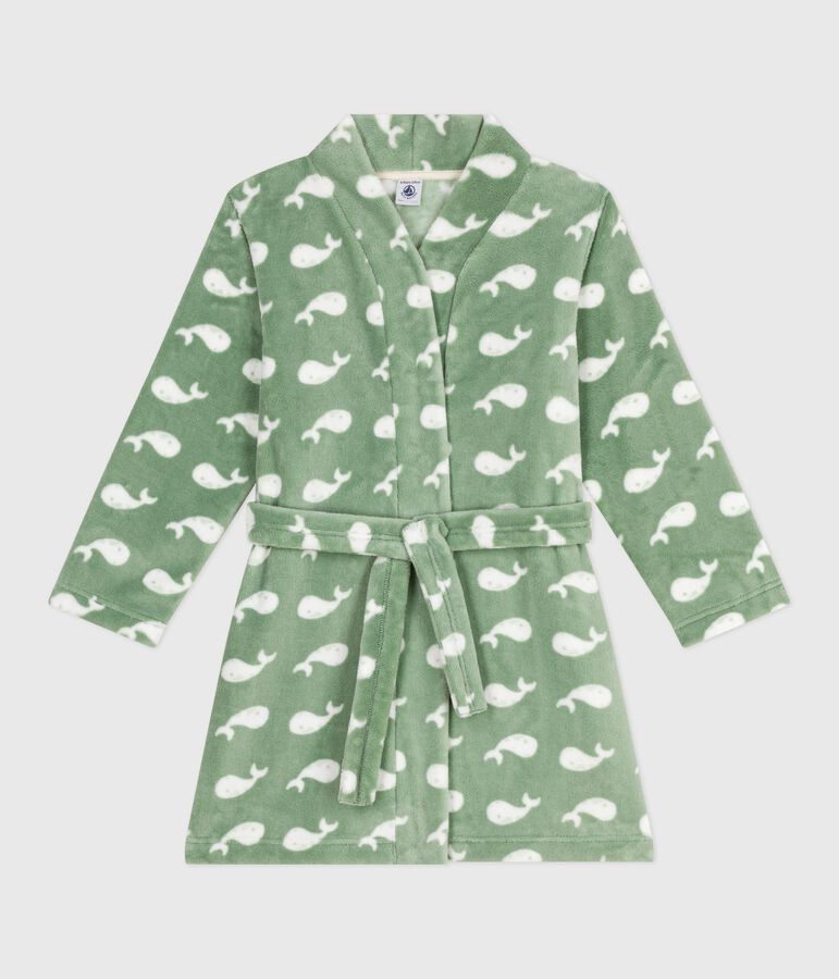 Robe de chambre enfant en polaire imprim&eacute; vert/blanc