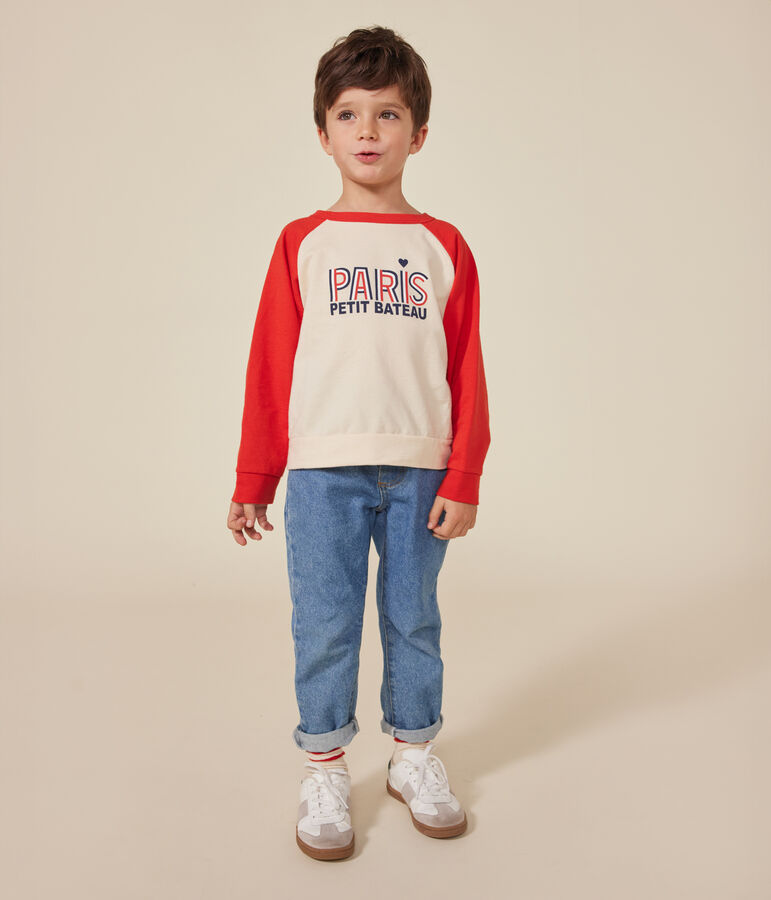 Sweatshirt in lichte fleece voor kinderen ecru/rood