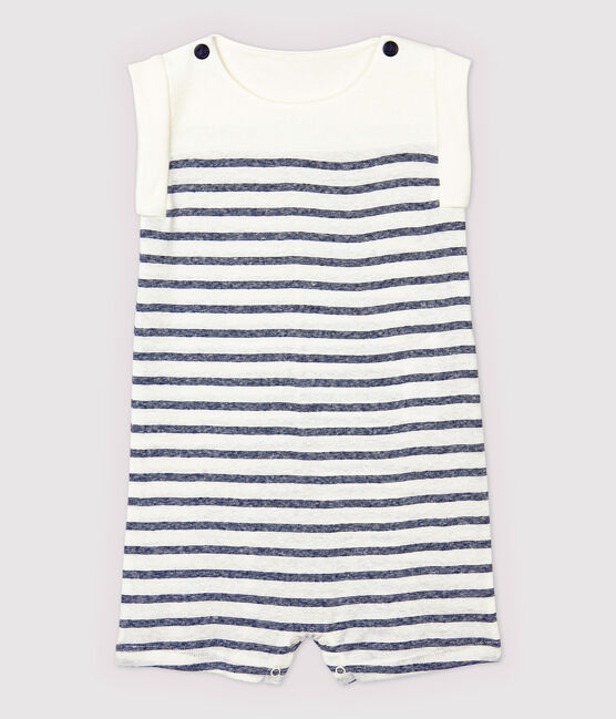 Combinaison courte en coton/lin rayé bébé garçon blanc MARSHMALLOW/bleu MEDIEVAL