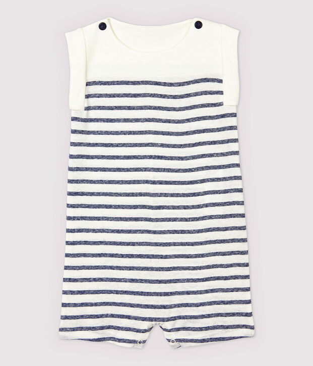 Korte gestreepte katoenen/linnen jumpsuit voor babyjongens wit/blauw