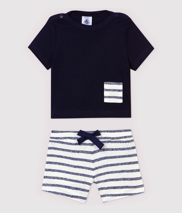 Katoenen linnen T-shirt/short voor babyjongens blauw/wit