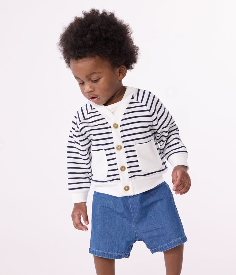 Cardigan in dikke jersey voor baby's wit MARSHMALLOW/blauw SMOKING