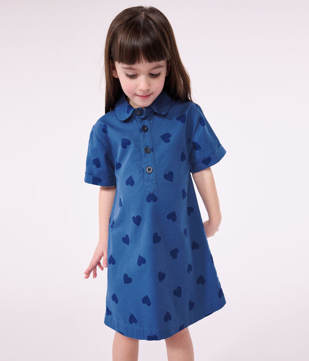 Katoenen kinderjurk met korte mouwen en hartjes blauw/blauw