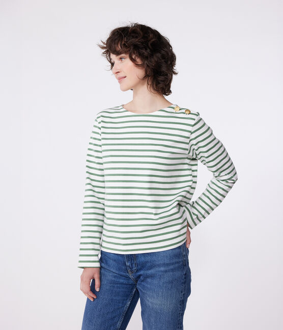 Katoenen marineshirt met lange mouw voor dames groen MARSHMALLOW/ PALMERAIE