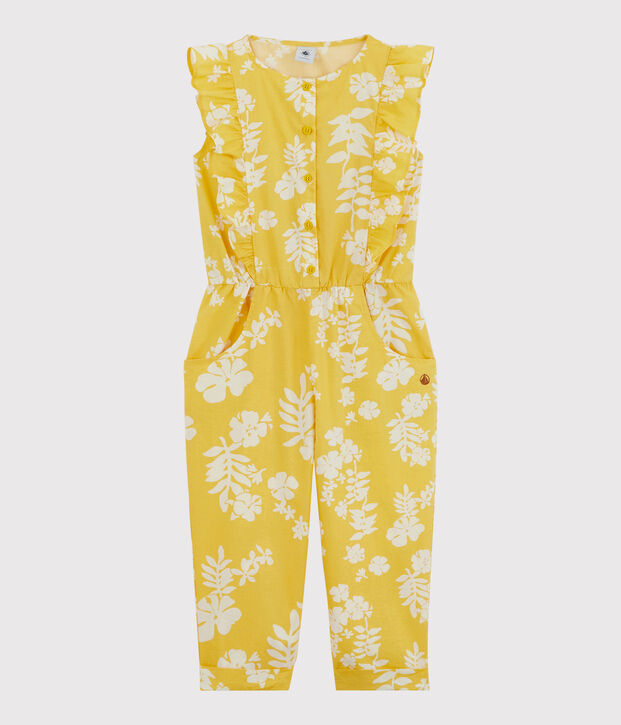 Tuinbroek voor meisjes van katoenpopeline met print. geel/wit
