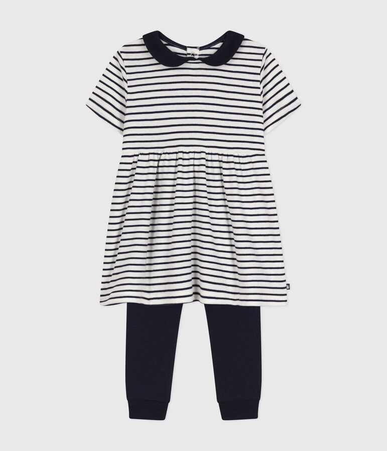Ensemble robe et legging en coton b&eacute;b&eacute; blanc/bleu