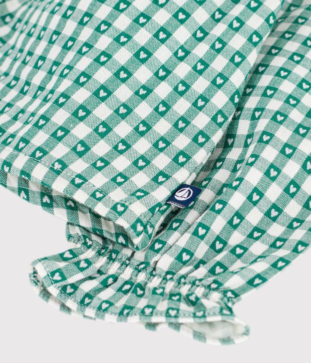 Katoenen babybloesje met lange mouwen en vichy-/hartjesprint groen/wit