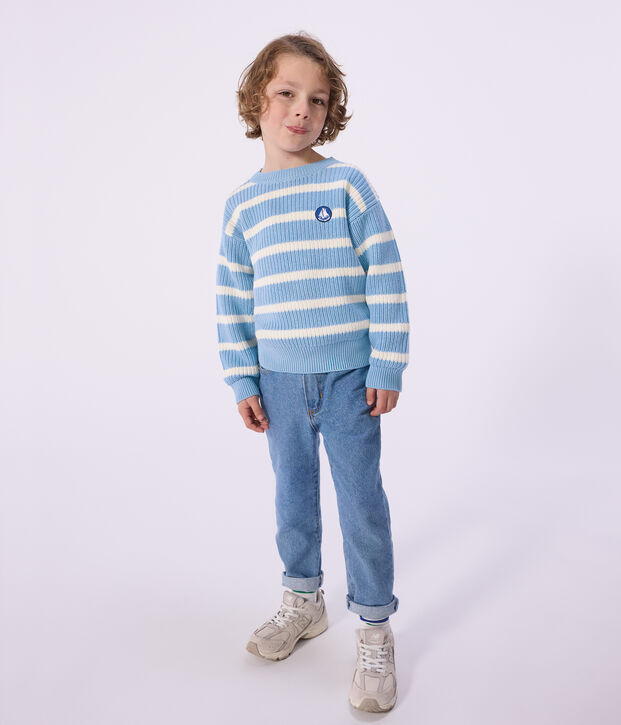 Gebreide kindertrui blauw/ecru