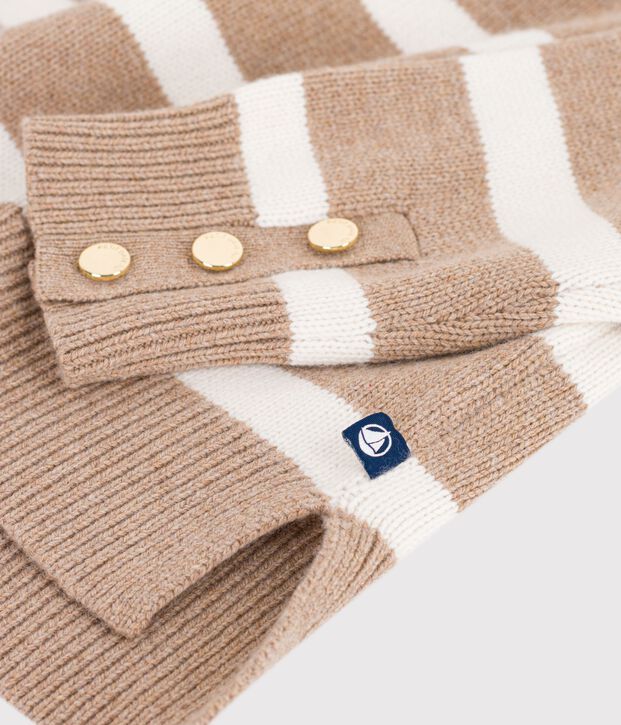 Pull &agrave; col roul&eacute; femme en laine et coton &agrave; rayures beige/&eacute;cru