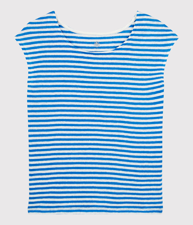 Gestreept linnen T-shirt voor Dames blauw/wit