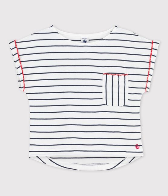 T-shirt manches courtes en coton enfant fille blanc MARSHMALLOW/bleu SMOKING