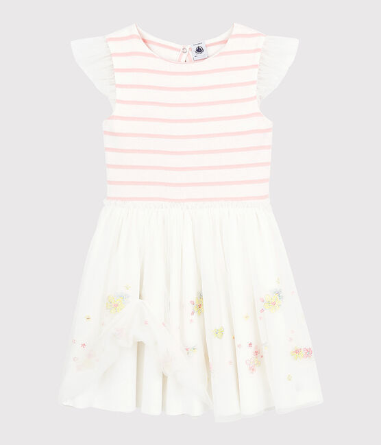 Robe cérémonie en coton et tulle enfant fille blanc MARSHMALLOW/rose MINOIS